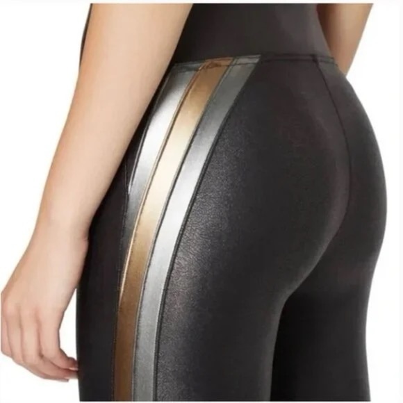 Spanx Faux Leather Stripe Black Metallic Leggings, Size L - Picture 5 of 12